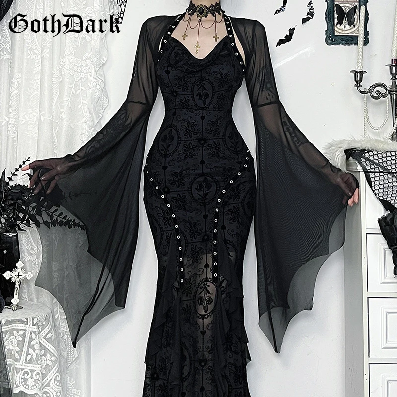 

Goth Dark Mall Gothic Mesh See Through Crop Shrug Tops Women Chic Coat Techwear Y2K Grunge Batwing Sleeve Sunscreen Smock Blouse