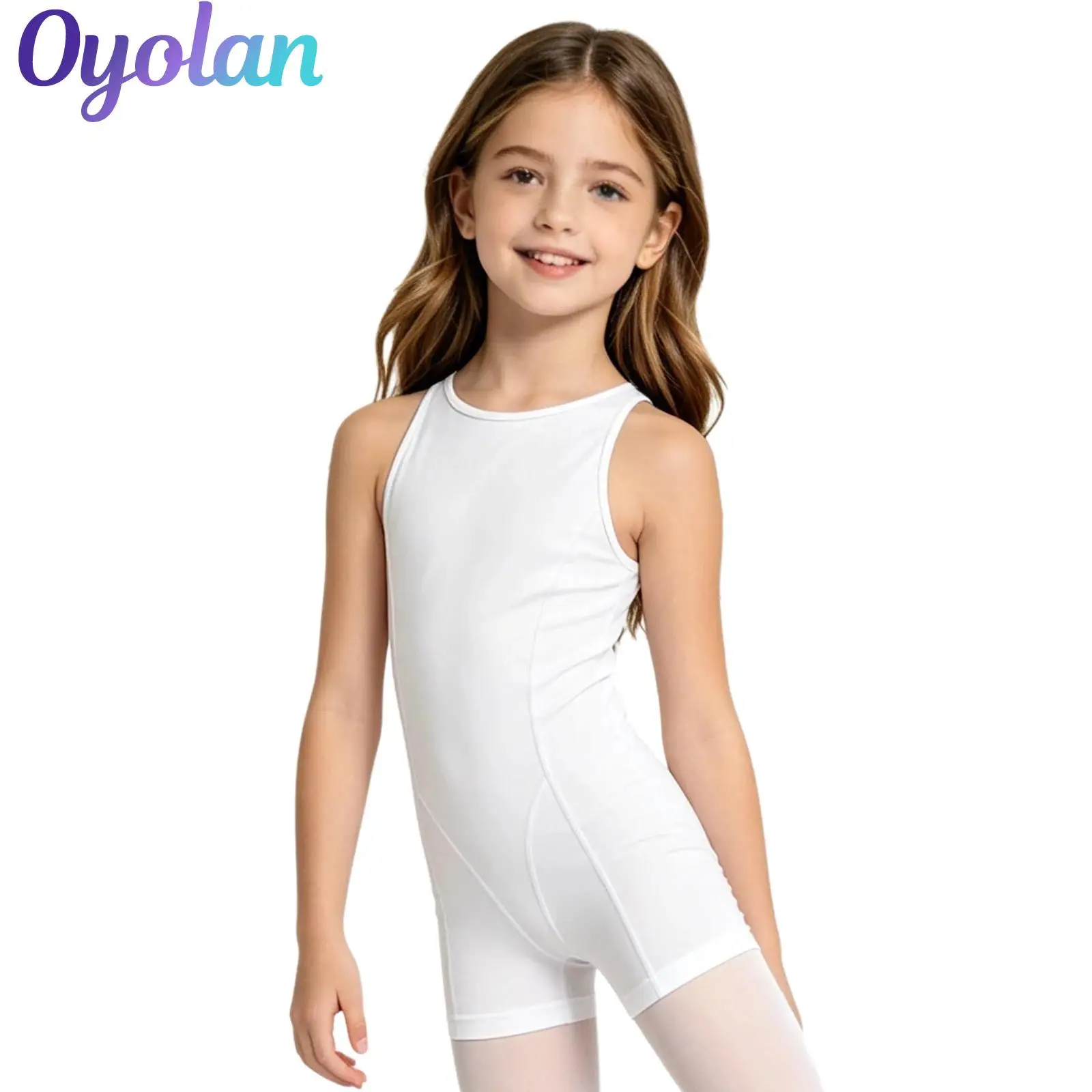 

Kids Girls Ballet Leotard Dance Practice Costume Gymnastics Bodysuit Round Neck Back Invisible Zipper Thigh Length Jumpsuit