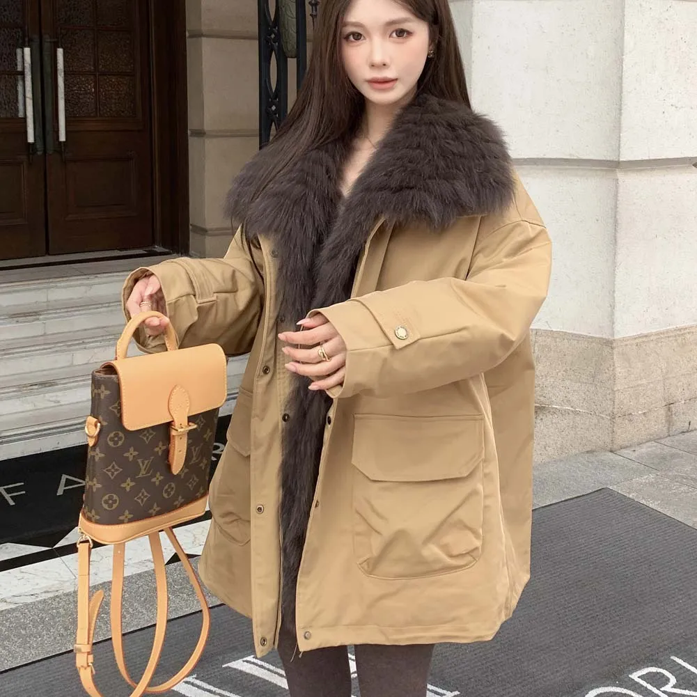 Winter Weibliche Straße Tragen Dicke Jacken Mit Kapuze Chic Casual Plüsch Frauen fuchs pelz kragen gänsedaunen pelzmantel