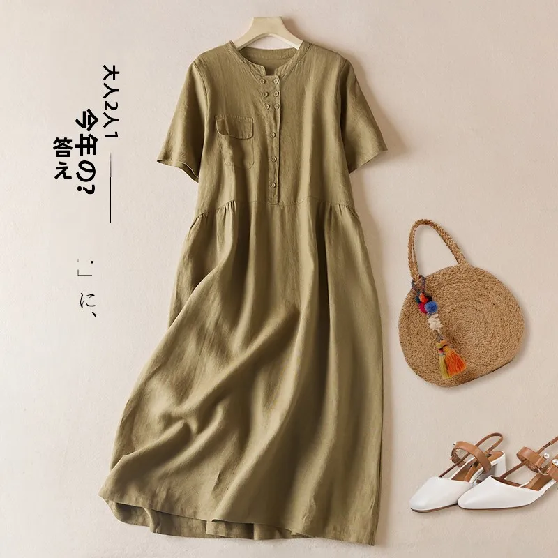 Zomer Woon-werk Losse Casual Japanse Sle Pure Kleur Lin ort Sve Dames Dr A-lijn Midi Rok Faionable Katoen Linnen