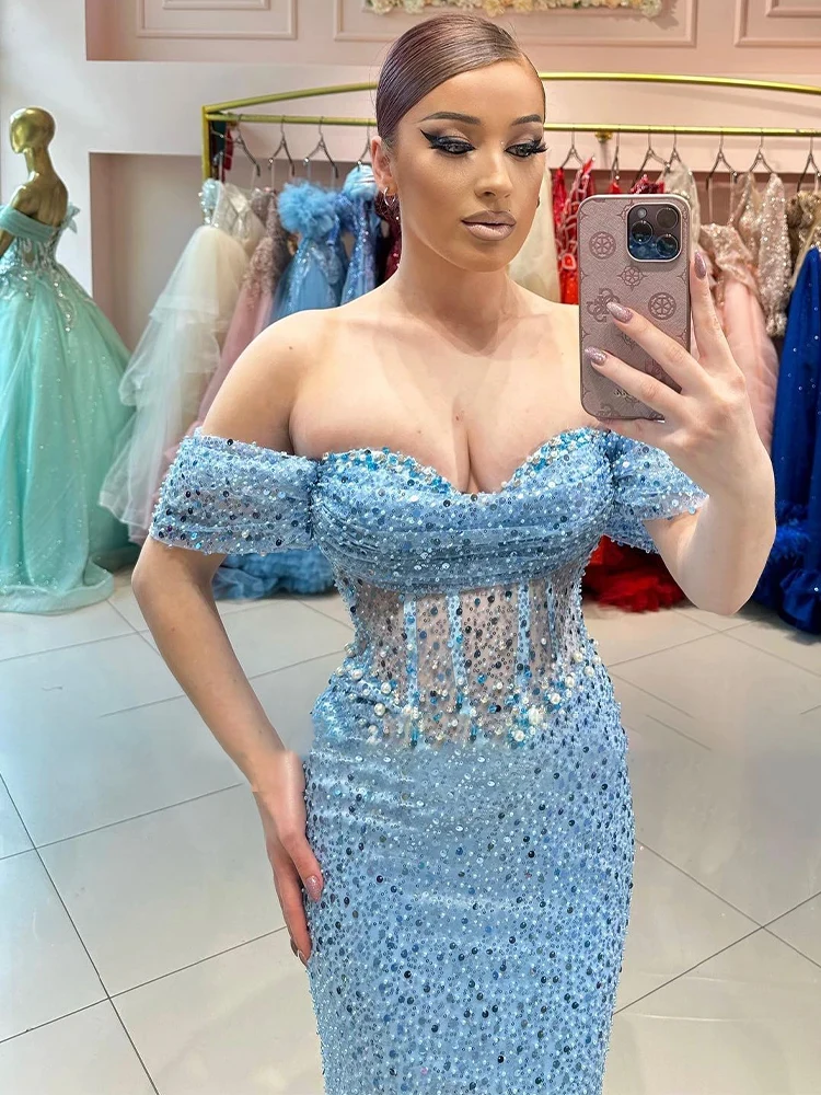 Robe de Soirée de Luxe Personnalisée en Forme de Sirène, Tenue Bleu Ciel Clair, avec Perles