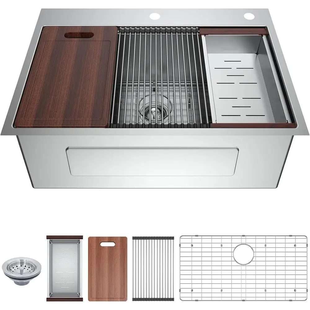 Estación de Trabajo para Fregadero de Cocina de 33 Pulgadas para Instalar Bajo Encimera - Fregadero de 33x22 Pulgadas de Acero Inoxidable T304 Calibre 18 con un Solo Tazón