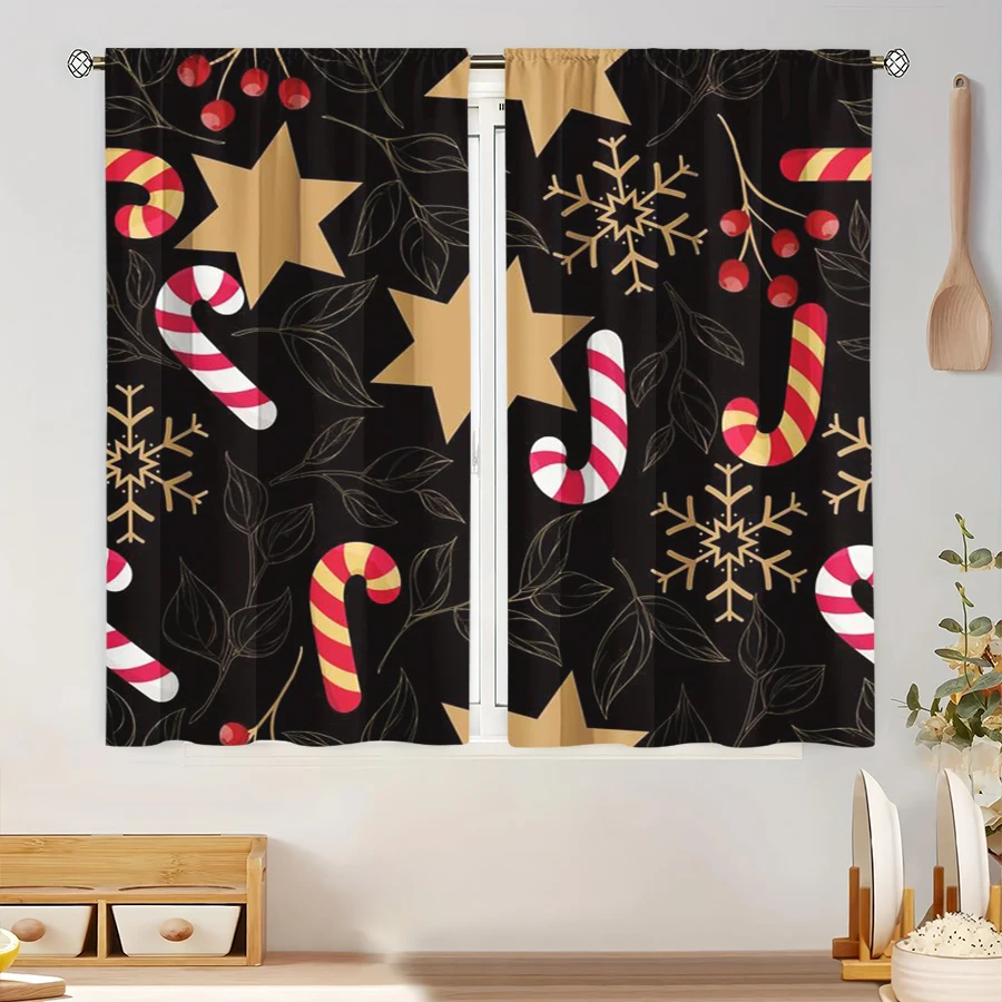 2PCS Digital Print Curtain, Candy Canes with Gold Stars and Snowflakes, Red Berries on Black, Modern, for Home Window Decoration