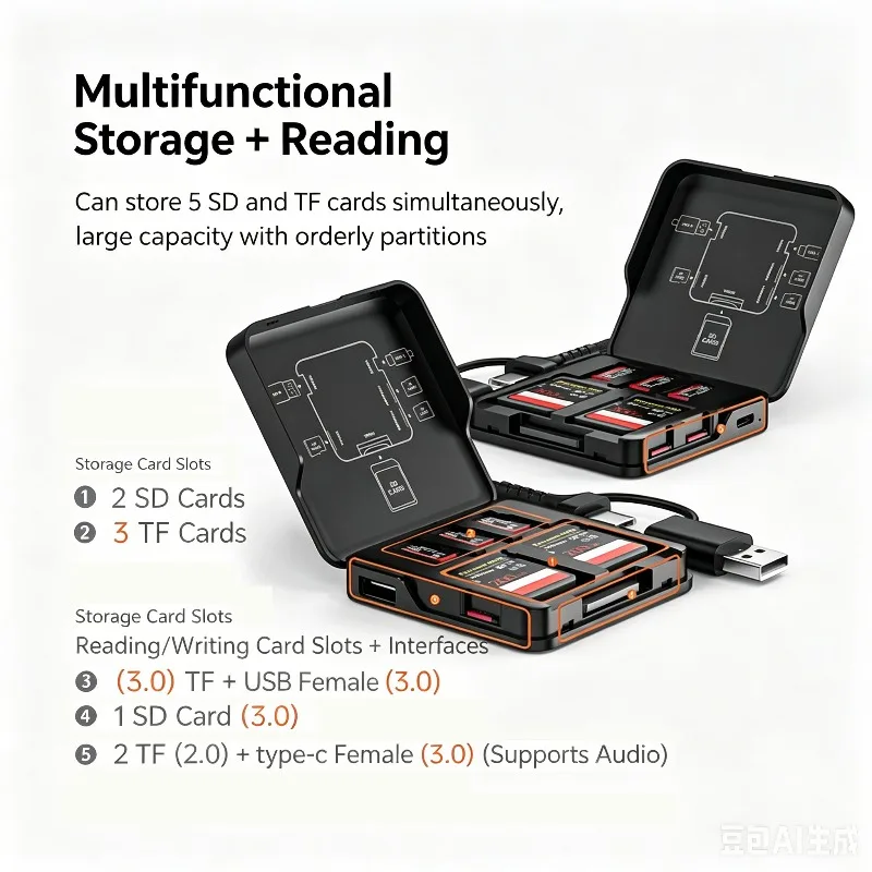 All-in-One Memory Card Storage Box with Card Reader 5Ports Read Simultaneously High Speed Transmission for Digital Photography