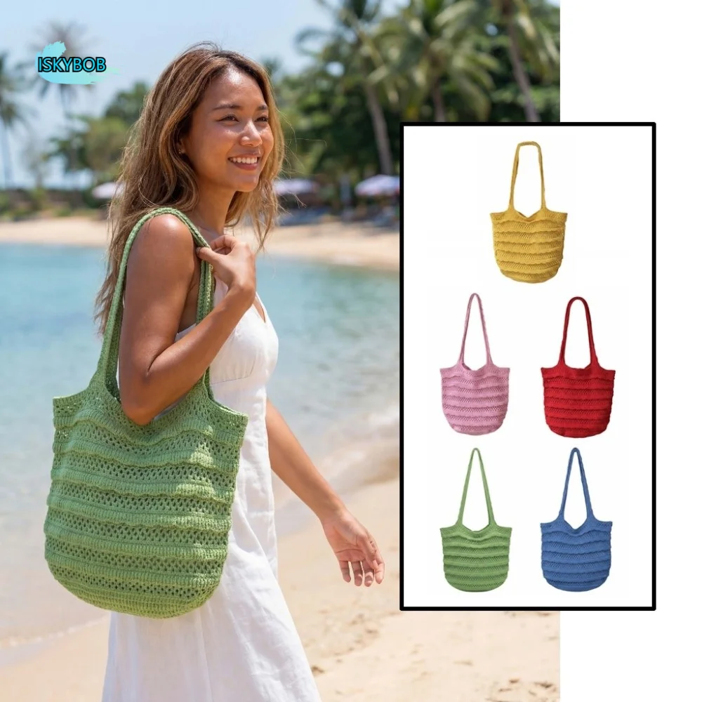 

Sweet Knitted Tote Bag Breathable Large Capacity Crochet Shoulder Bag Polyester Solid Color Seaside Vacation Handbag Spring