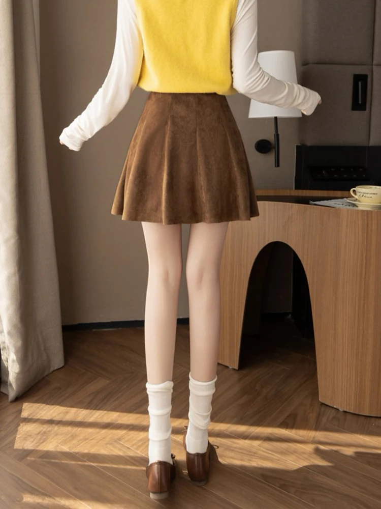 الأمريكية الرجعية الخريف الشتاء الجلد المدبوغ مطوي تنورة امرأة عالية الخصر الكاكي عادية الحلو متزلج التنانير القصيرة سيدة