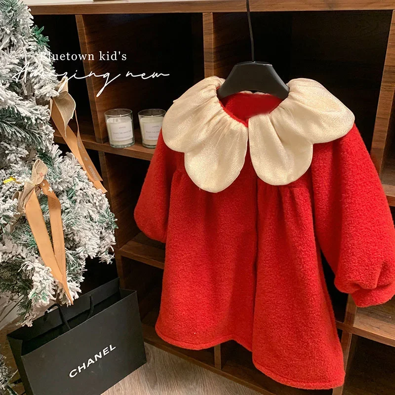 

Girls' New Year's Greetings Red Woolen Jacket 2024 Autumn and Winter Children's Doll Shirt Collar Clip Cotton Coat