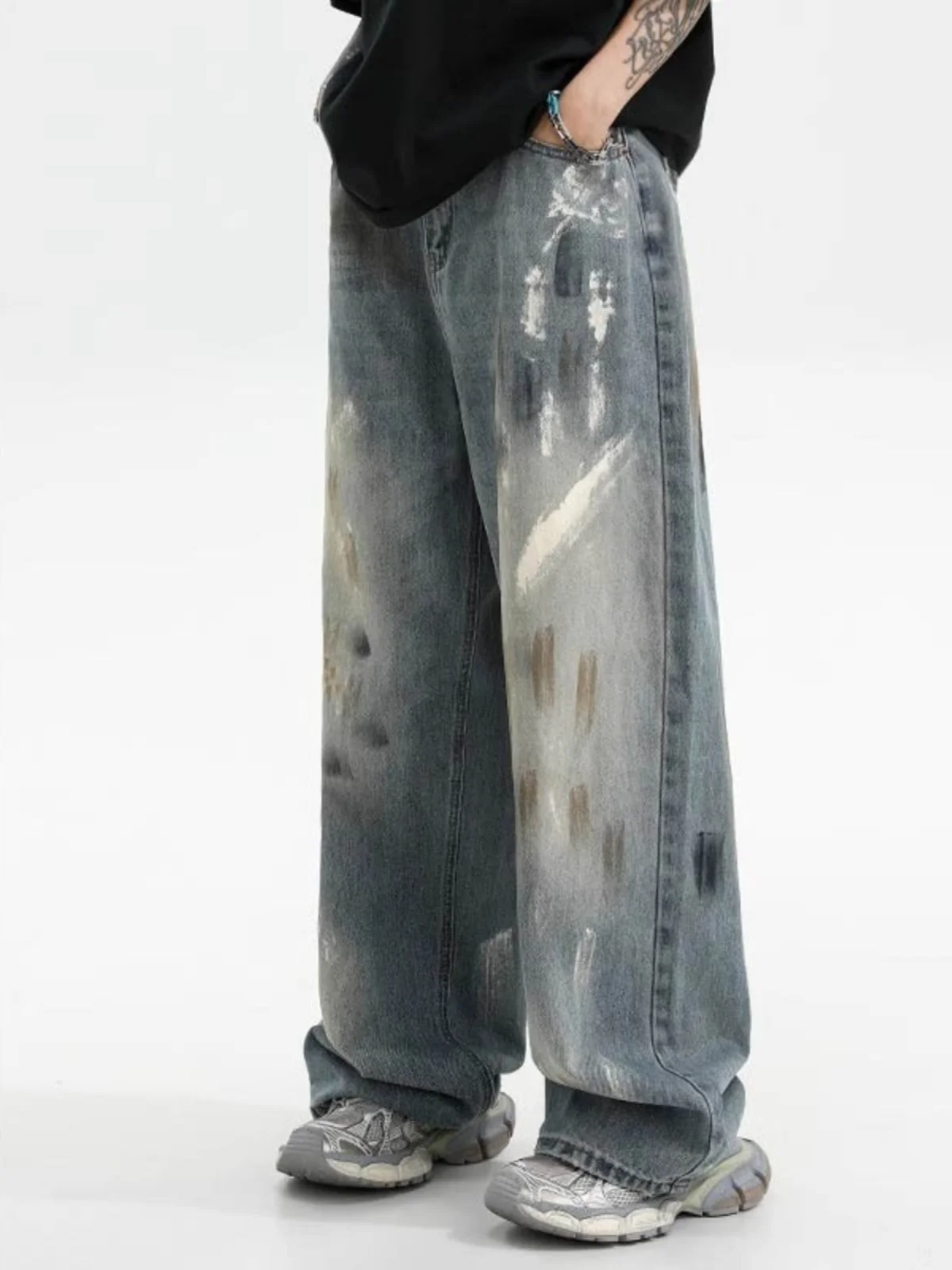 

Street Sle fiti Dyeing Wide Leg Jeans Men's Loose Straight Cut Casual Trousers Autumn Winter Design Sensation Tre...