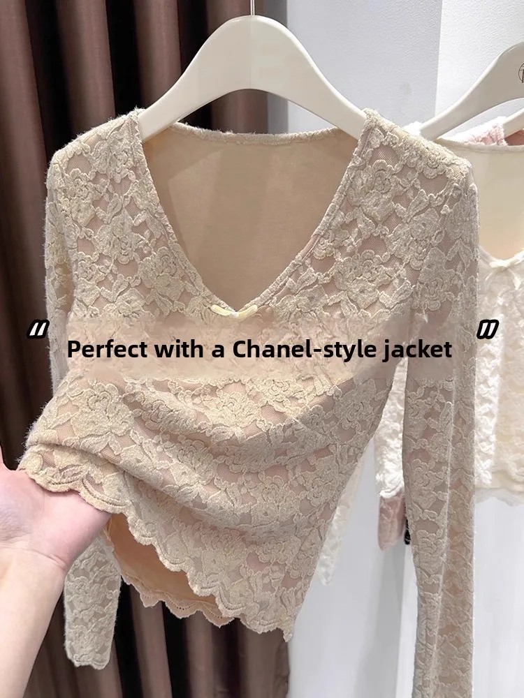 

Slim Fit Long Sve V-Ne Lace Base irt Women's Faion Autumn Winter Knot Inner Wear Top Trendy Base irt