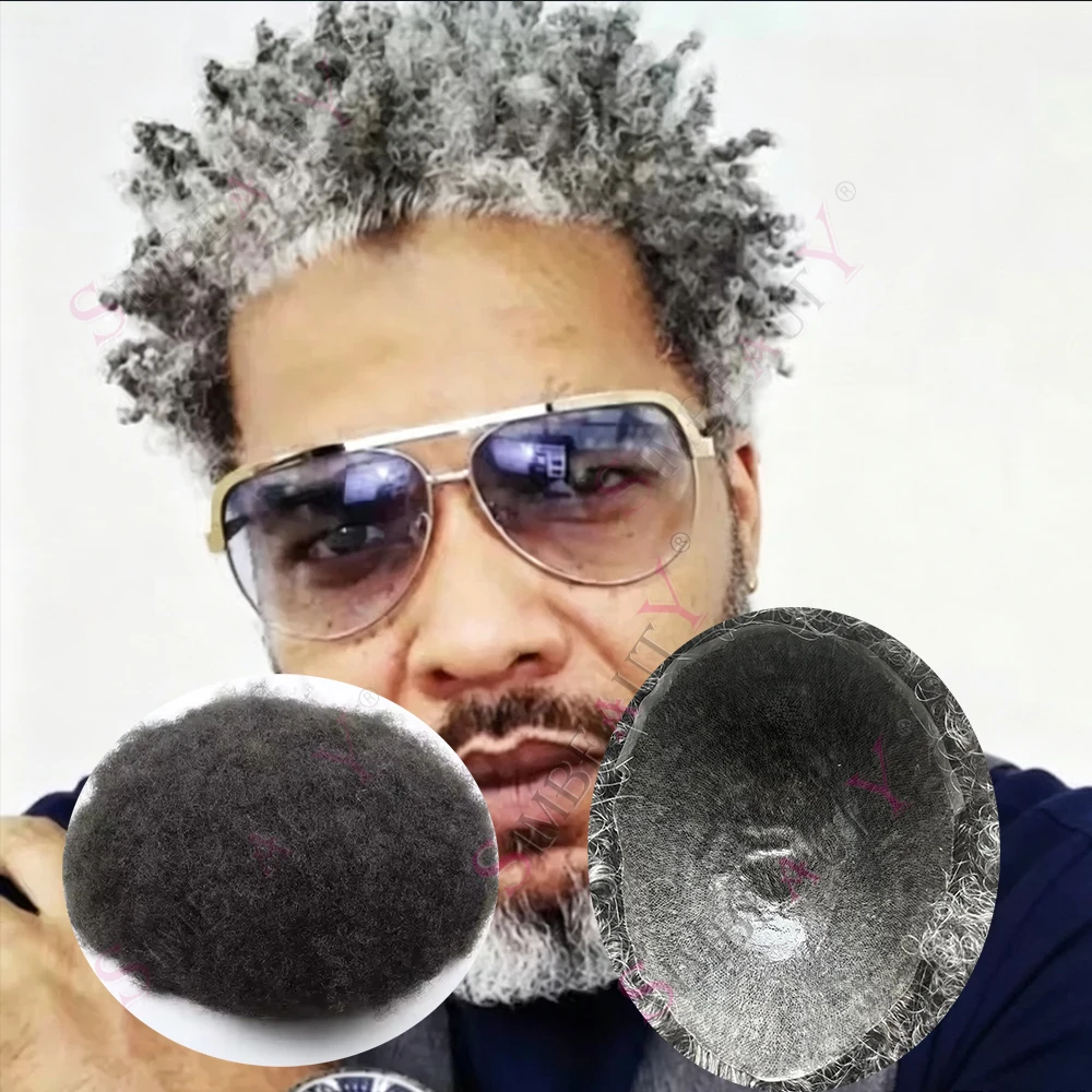 Afro Tight Curly 6mm Black Men's Hairstyle Hair 1B20 1B80 Replacement Toupee Durable Thin Skin Old Man Salt&Pepper PU Prosthesis
