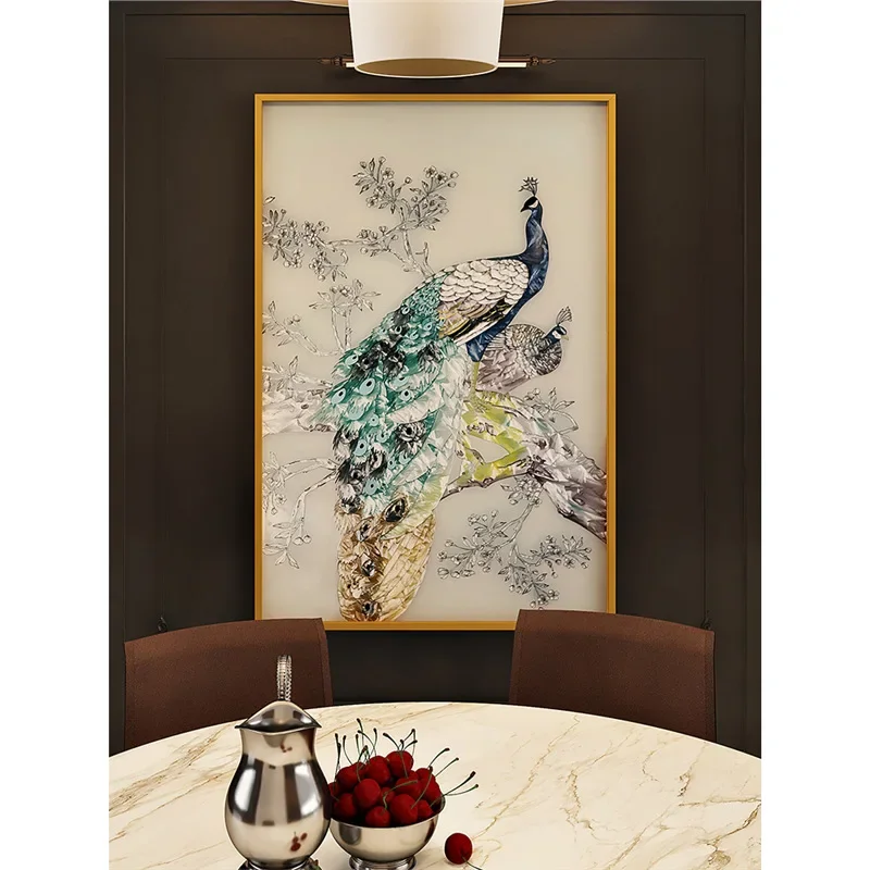 

enamel peacock decorative painting, light luxury vertical background wall painting, high-end three-dimensional