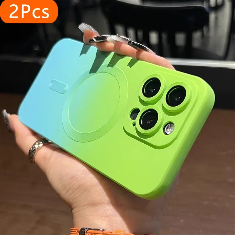 

2Pcs Luxury Gradient Color For Magsafe Wireless Charging Case For iPhone 15 16 14 13 12 11 Pro Max Plus Soft Silicone Magnetic C