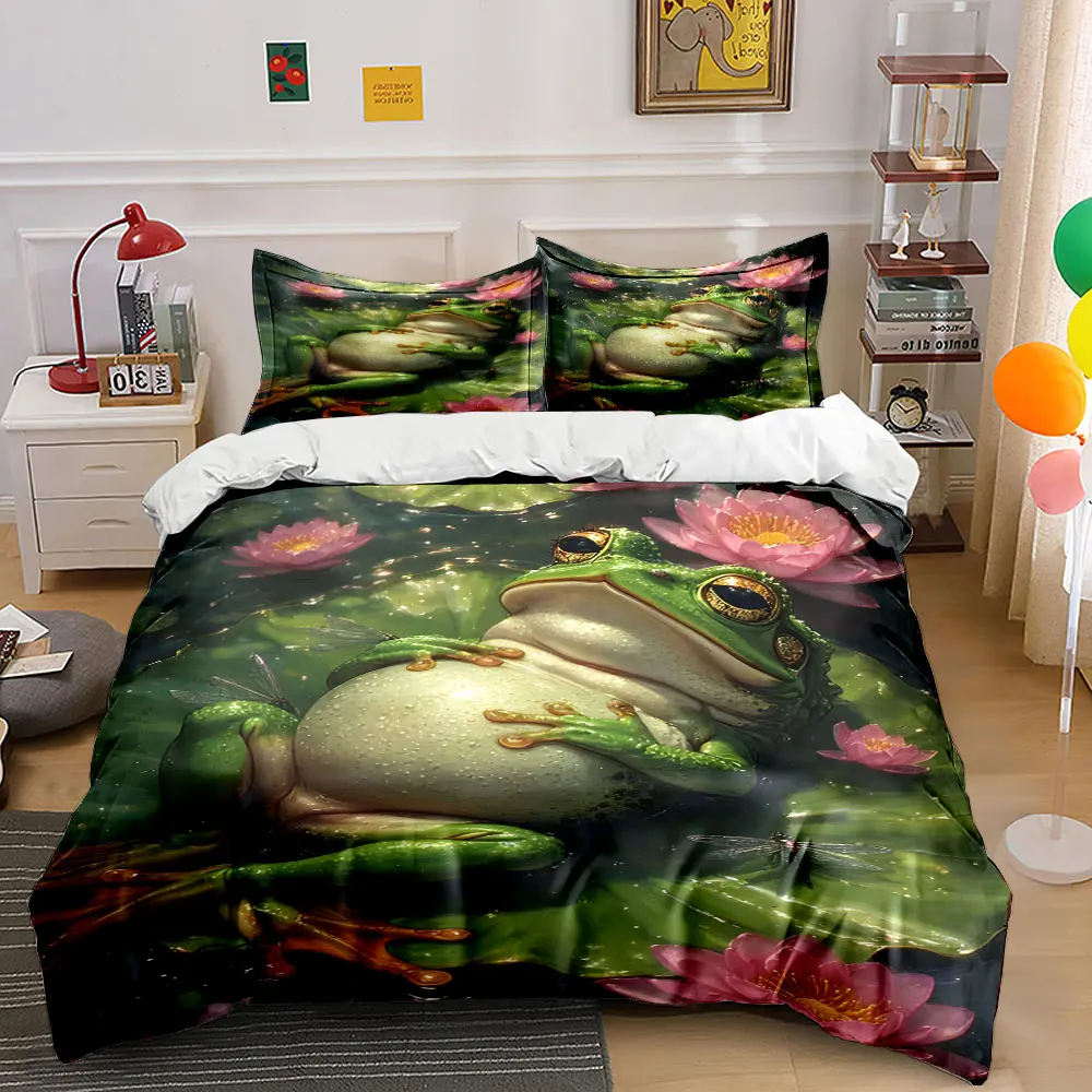 Relaxed frog on lily pad with flowers Print Bedding Set 1Duvet Cover 2Pillowcases for Adult and Children Luxury Gift Full Size