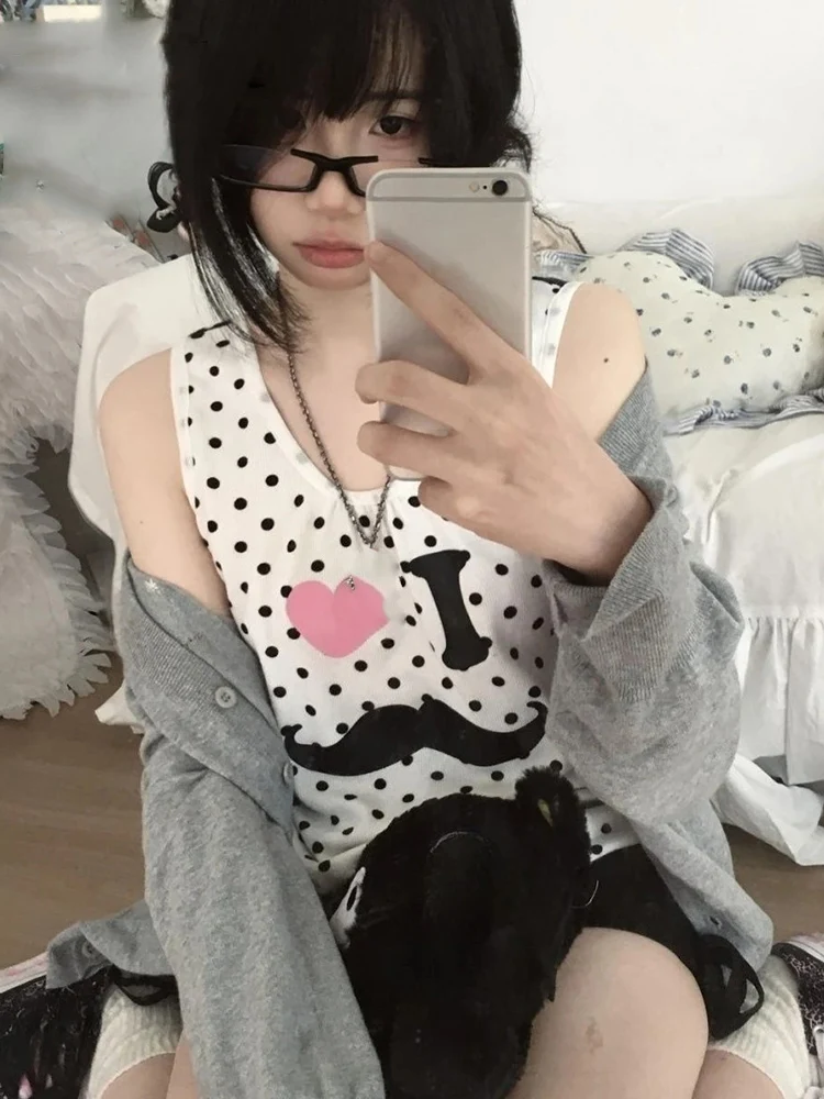 لطيف البولكا نقطة طباعة أكمام تانك القمم المرأة خمر Y2k الجمالية سليم صالح ملابس خارجية سترة حلوة شيك كاميس Harajuku