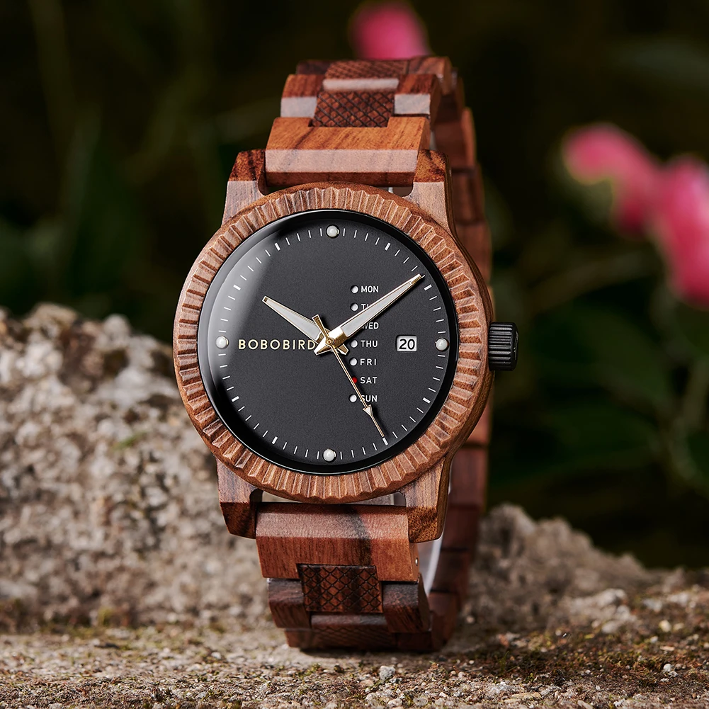 นาฬิกาข้อมือผู้ชาย BOBOBIRD แบบไม้ ควอตซ์ สลักชื่อได้  พร้อมโลโก้แบรนด์ส่วนตัว  พร้อมเข็มนาฬิกาเรืองแสง  ของขวัญ  ดรอปชิปปิ้ง