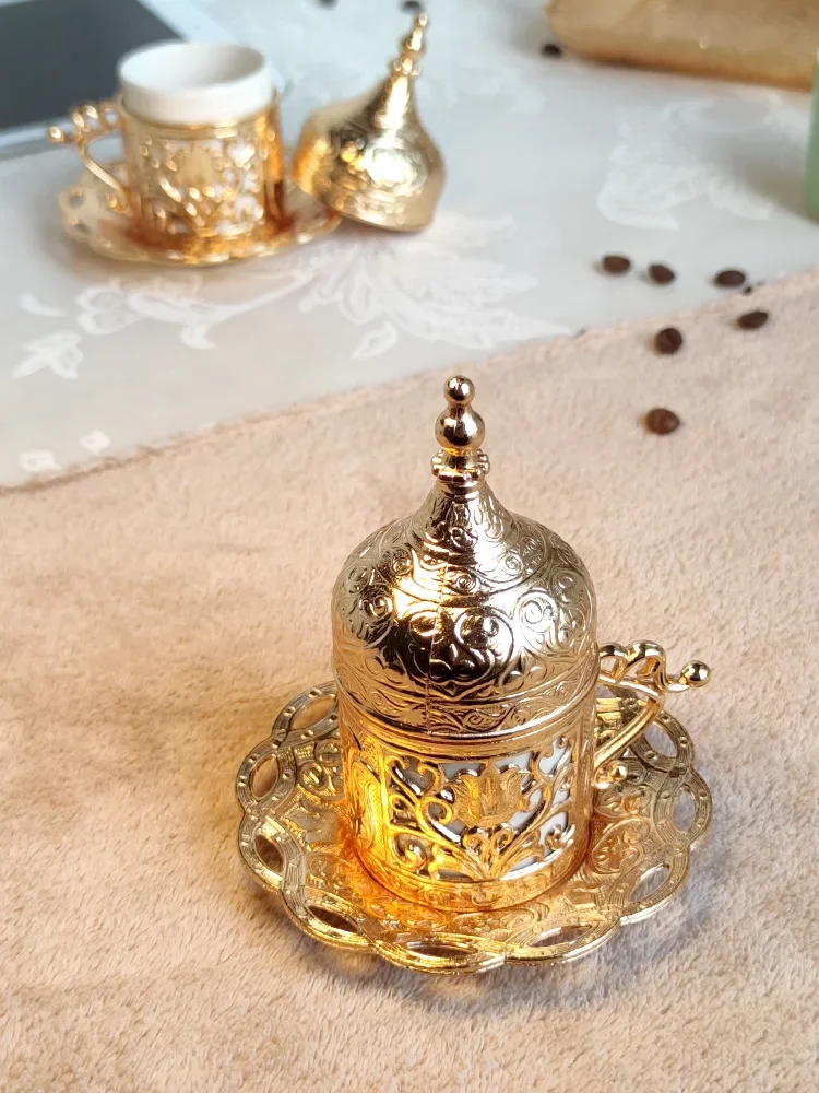 Coffee cup set European small exquisite retro palace set Türkiye imported gold copper alloy with cover