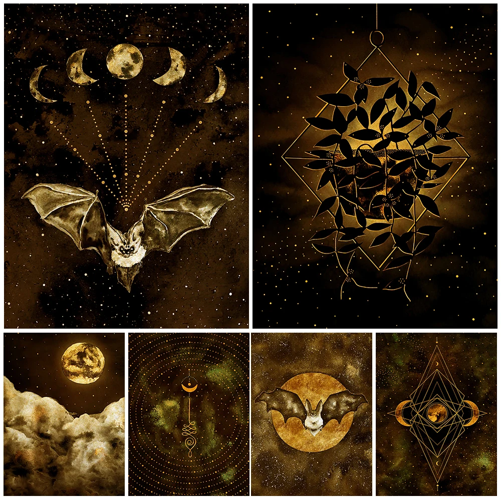 Bat And Full Moon Celestial Witchy Wall Art Canvas Painting Decor Moon Phases And Stars Art Poster And Print Home Decor Unframed