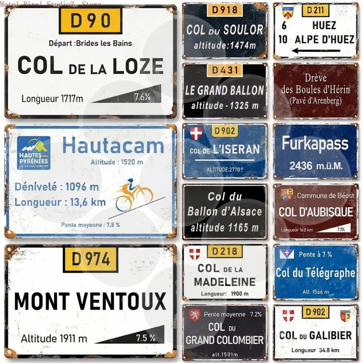 Vintage European Cycling Climb Route Tin Signs Set, Retro Col de la Loze Mont Ventoux Hautacam Metal Wall Art, Rustic Decor Plaq