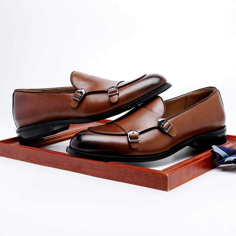 New Men Genuine Leather Casual Monk Shoes Pointed Toe Dress Shoes Heels Business Leisure Shoes