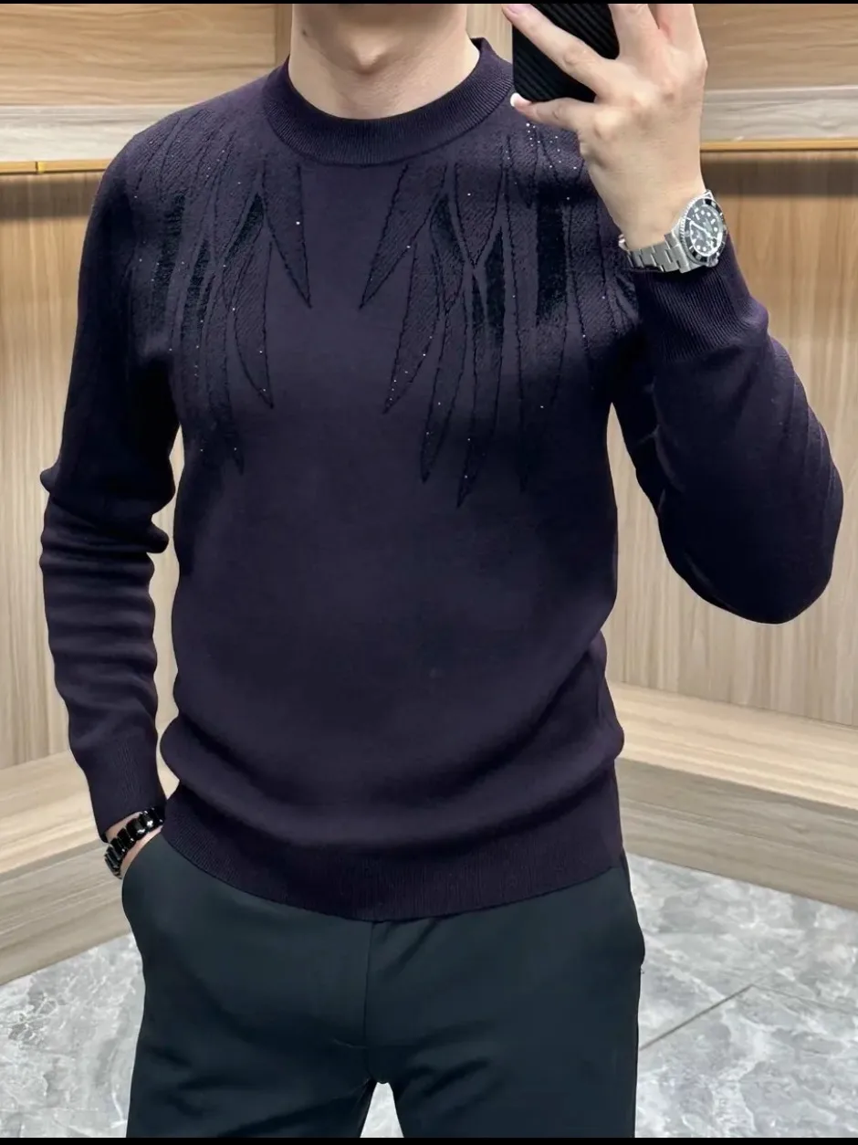 

High-End Men's Thiened Rhinestone Knitwear Wool Blend Long Sve round Ne Sweater Faionable Warm Base Layer irt