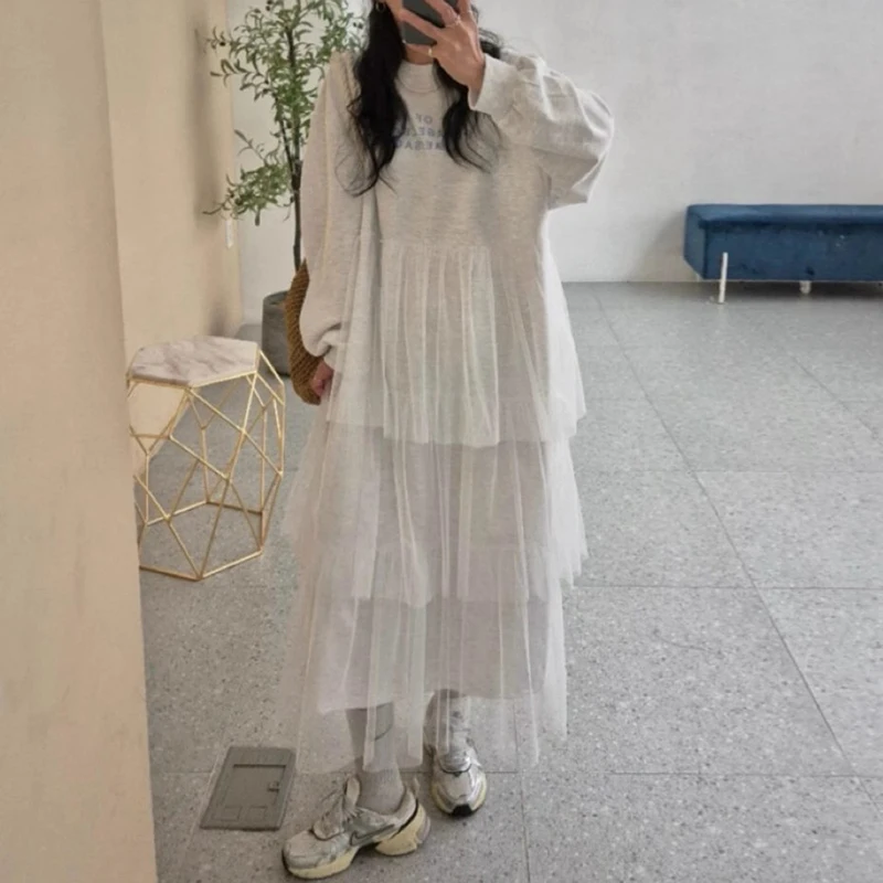 

Chic Autumnal Youthful Printed Letter Design Spliced Net Cake Skirt Sweatirt Dr Women's Faion Korean Loose Waist Long ...