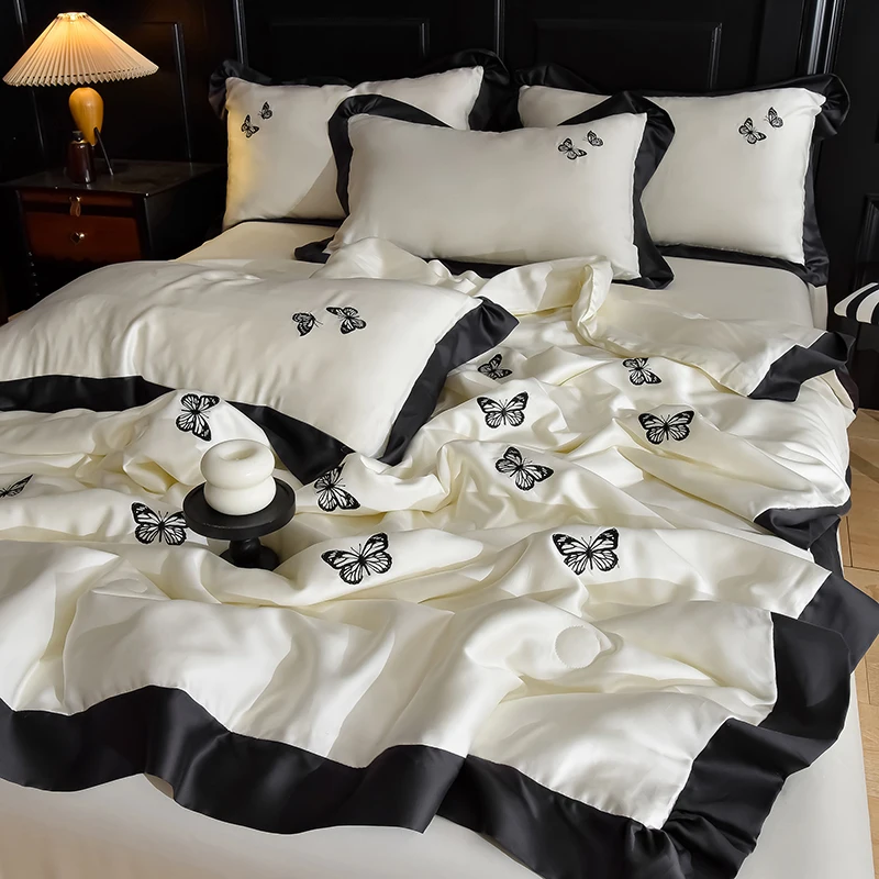 

Летний шелковистый охлаждающий комплект одеял с бабочками, домашний текстиль, комплект постельного белья с вышивкой, модное покрывало INS, белые пледы, комплект пододеяльников