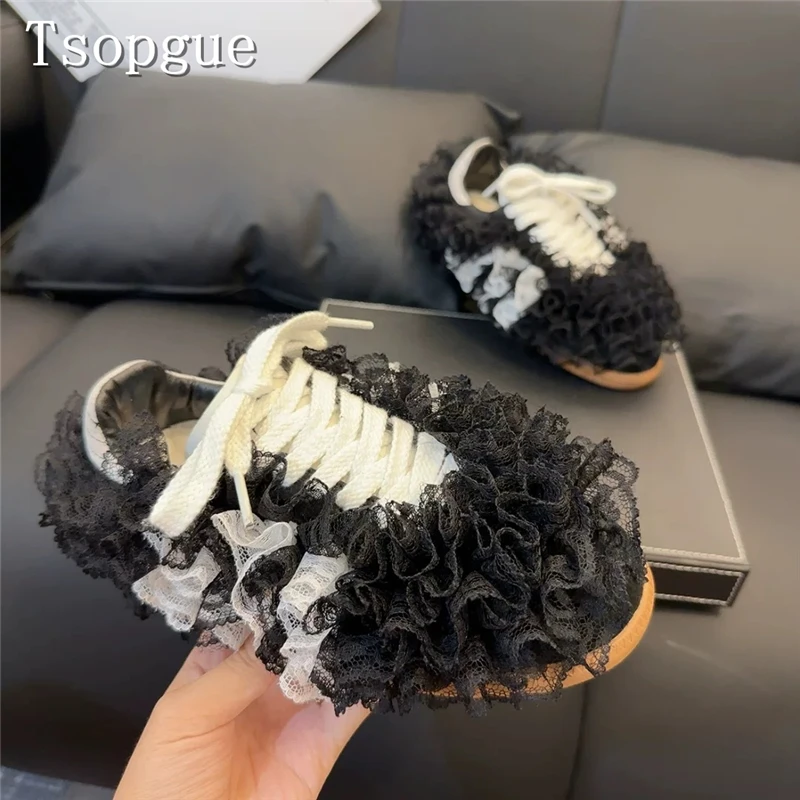 Cute Women Ruffled Lace Flat Sneakers Sweet Fairy Round Toe Lace Up Casual Shoes Fashion Ladies Lolita Daily Walking Shoes