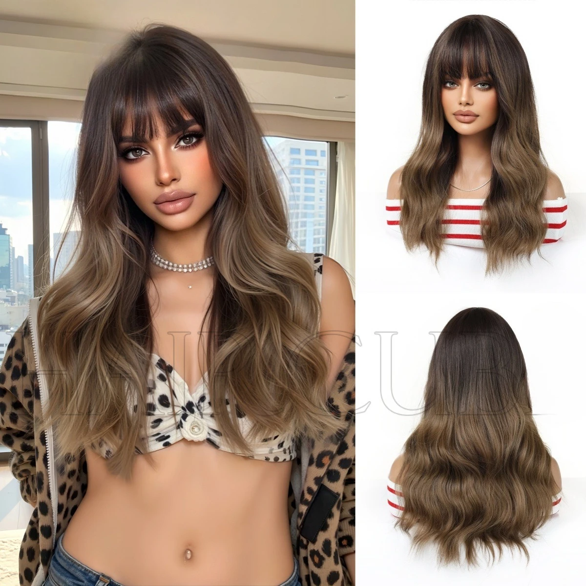 

Qi bangs wig medium long curly hair brown gradual change natural fluffy whole head full wig daily