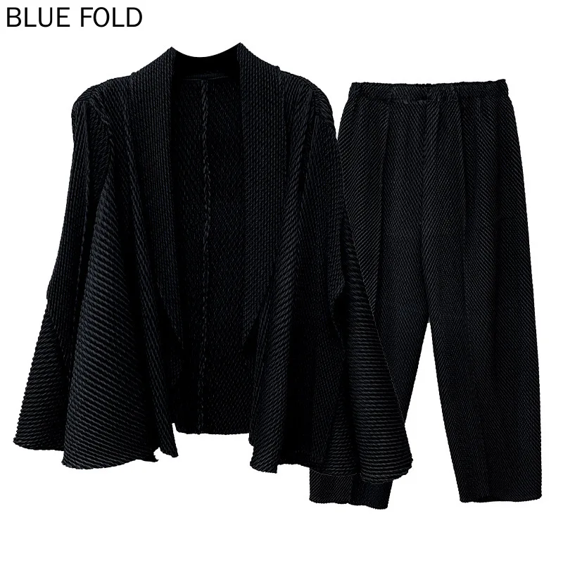 Miyake versátil escala de peixe plissado cardigan casaco + casual calças magras terno para as mulheres outono nova cor sólida conjunto de duas peças