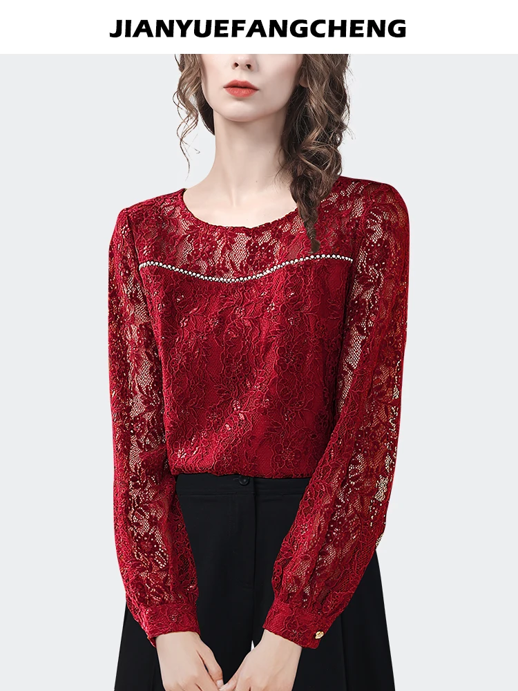 Fashion Women Crew-neck Red Lace Blouse Long Sleeve Hook Flower Hollow Beaded Shirt Loose Plus Size Ladies Casual Top Shirts