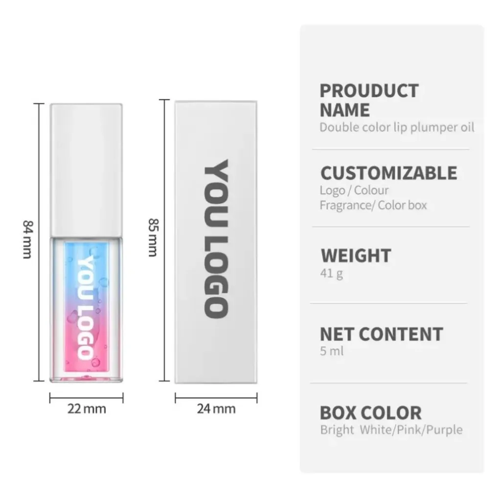 Wegańska pomadka do ust z efektem powiększania, dwukolorowa, owocowa, 5 ml, długotrwały, seksowny, błyszczący błyszczyk, baza pod szminkę, makijaż, własna marka, możliwość dodania logo.