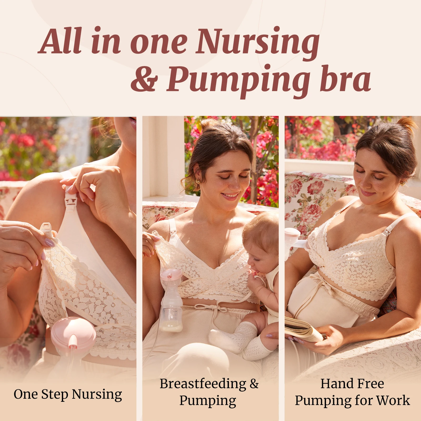 MOMANDA Hands Free Pumping Bra Breastfeeding Maternity Wireless Lace Sexy Underwear Women\'s Nursing Bra All In One DD E F