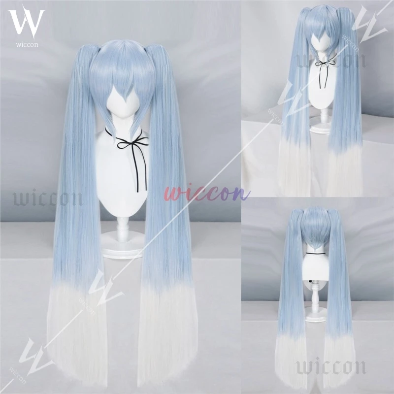 

Парик для косплея MiiKU, 44 дюйма, длинный, светло-голубой с градиентом, с белыми заколками, 2 хвостика, синтетический парик в стиле Лолита