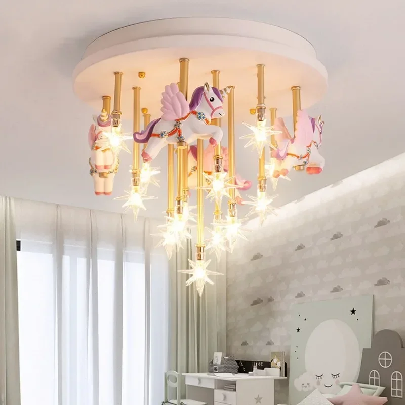 Modern Led Chandeliers Light for Living Dining Room Decor Carousel Led Lighta Fixture Children Cartoon Unicorn Ceiling Lamps