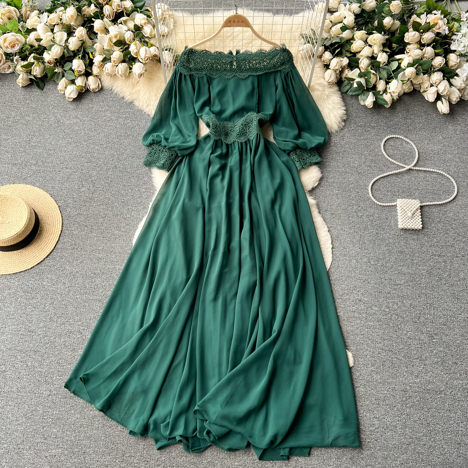 Elegant vintage Off Shoulder lace print Dress Fairy A-line Summer Vacation Slim Women Evening Party sweet dresses