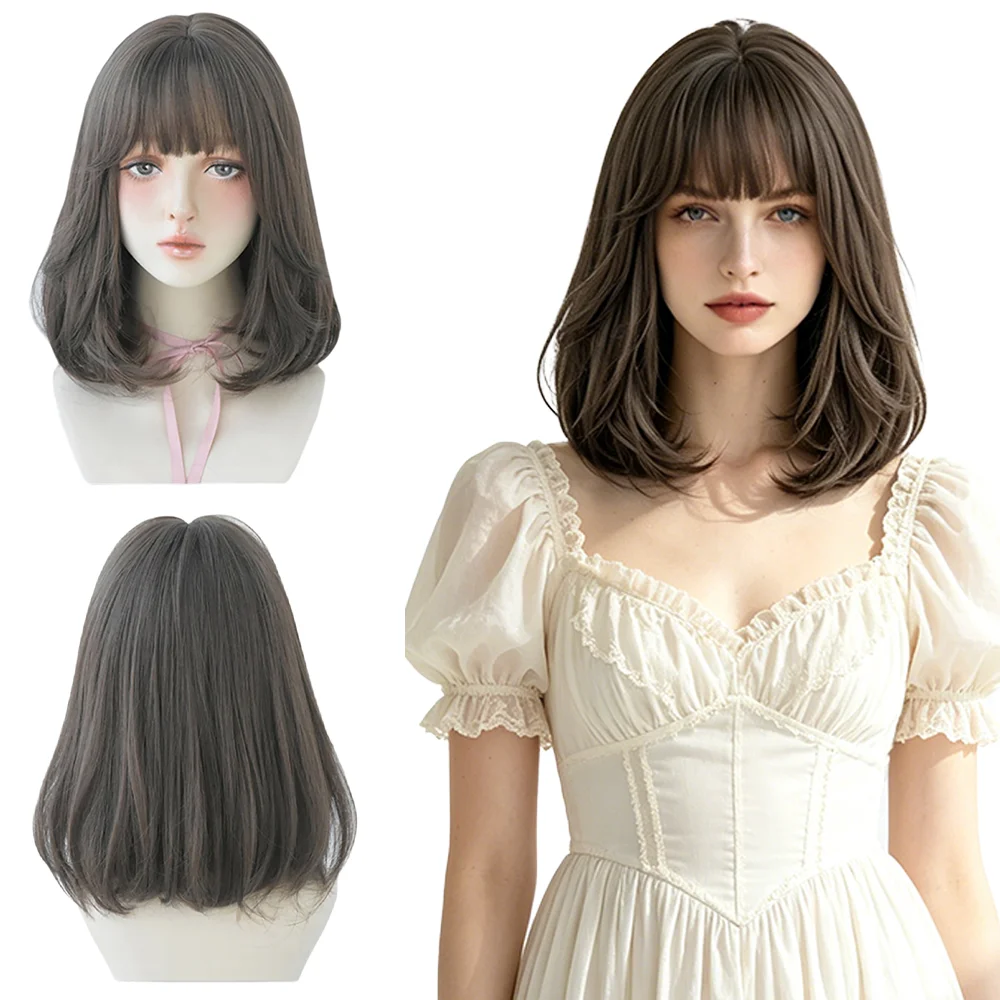 Ash Brown Shoulder Length Bob Wig For Women With Air Bangs Natural Looking Heat Resistant Synthetic Hair Daily Cosplay Party