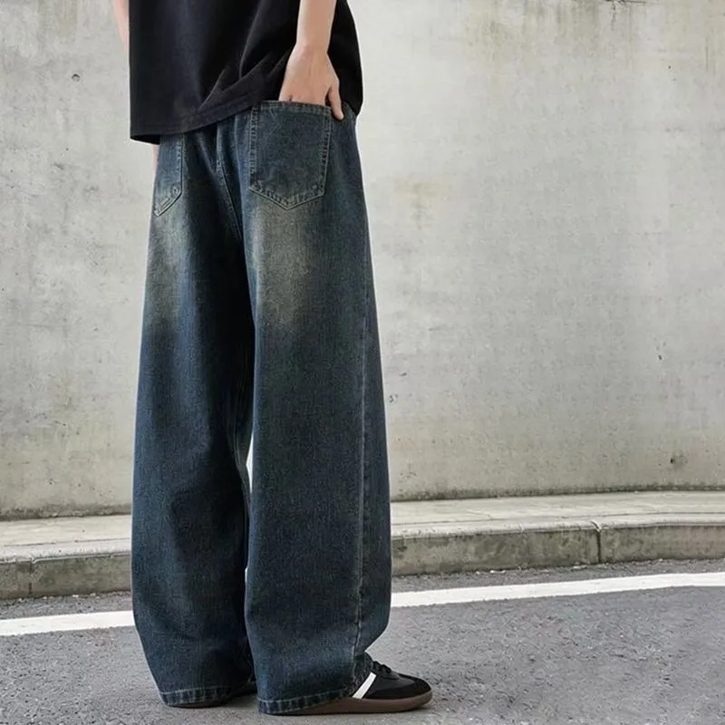 Youth Mid-Waist Straight Denim Pants Spring Fall Wear-Resistant Wide Leg Premium Washed Casual Elongating Jeans