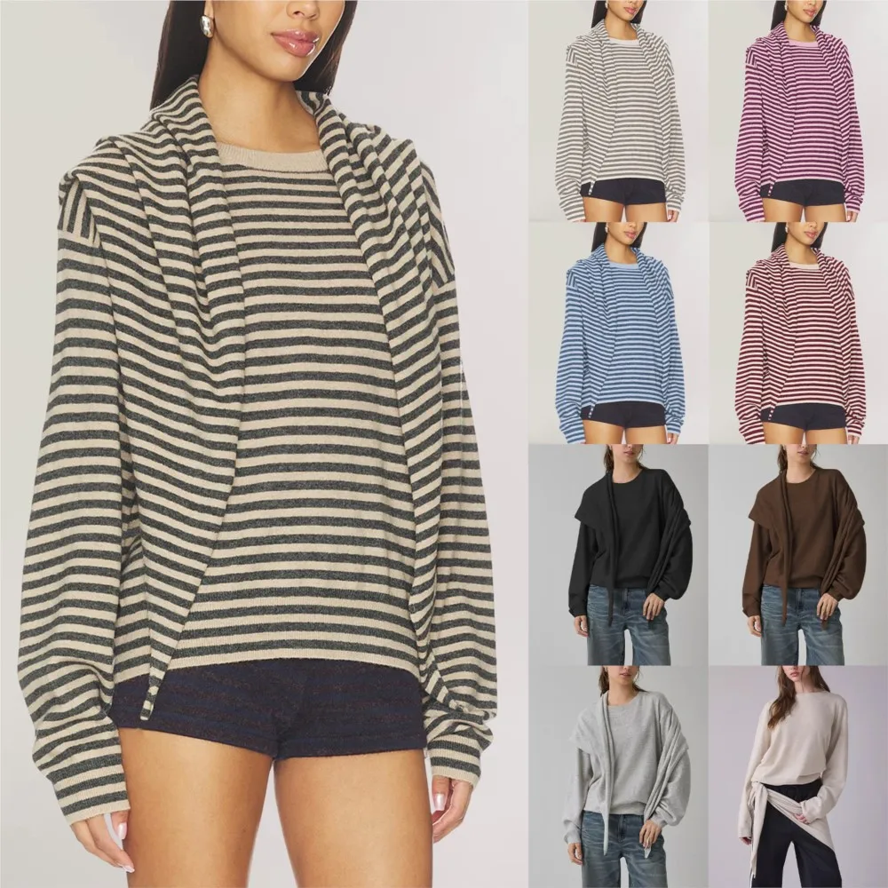 Casual All-match Shawl Sweater Fashionable Knitted Loose Lazy Top Knitted Trendy Striped Contrast Long Sleeves Daily Commuting