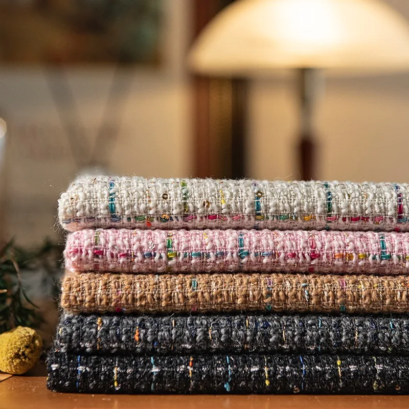 Plaid Sequin Tweed Fabric By The Meter for Clothing Dresses Vests Blazers Coats DIY Sewing Soft Thick Cloth White Spring Autumn
