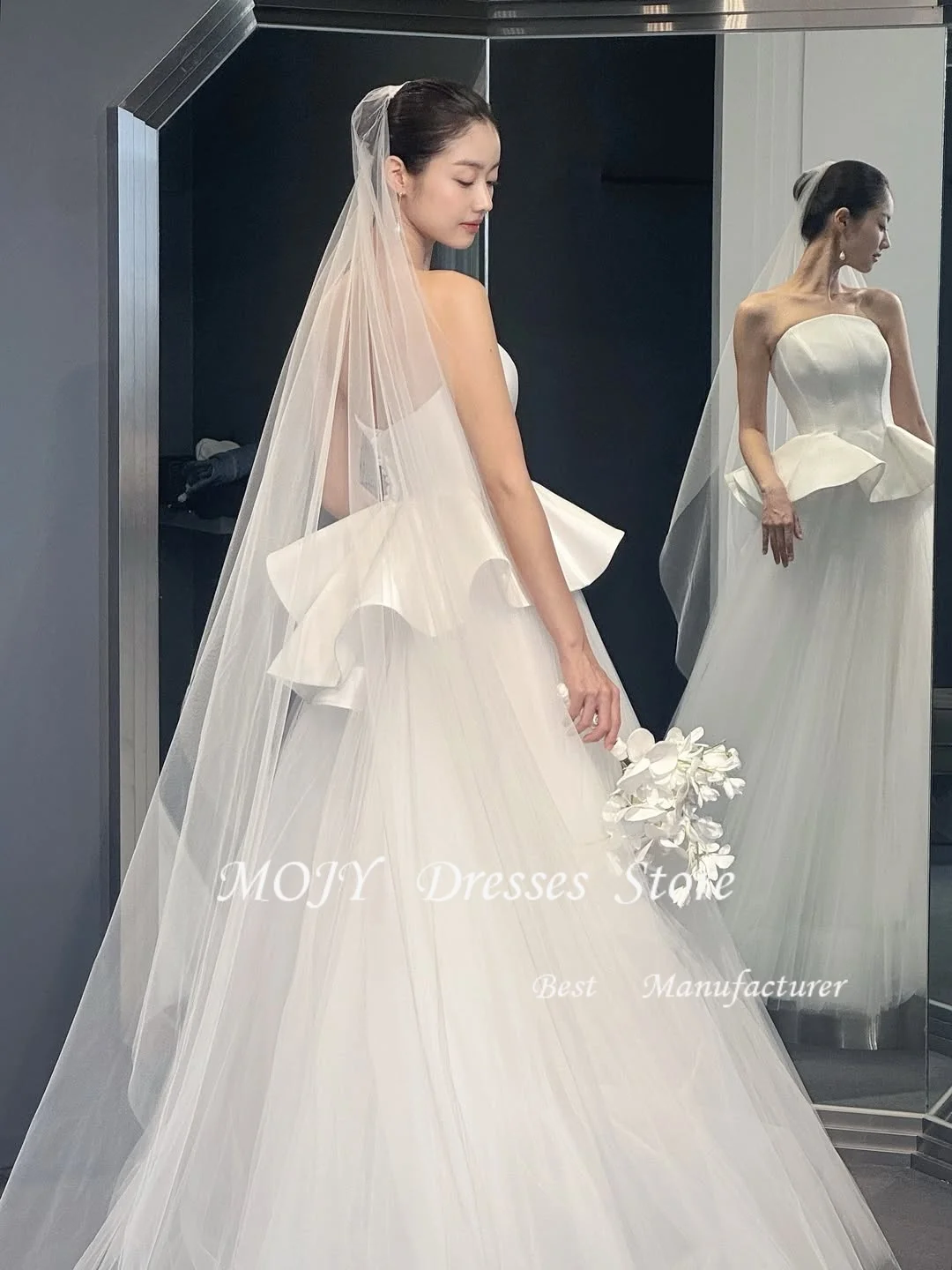 Oloey uma linha de tule cetim personalizado vestidos de casamento botões sem alças até o chão longo formal vestidos de noiva feminino vestido de casamento