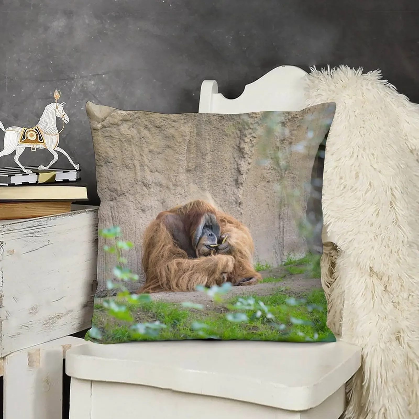 

Orangutan enjoys his banana Throw Pillow luxury home accessories Cushions pillow