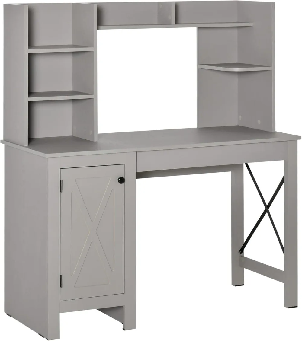 

HOMCOM Farmhouse Computer Desk with Hutch and Cabinet, Home Office Desk with Storage, for Study, Light Grey