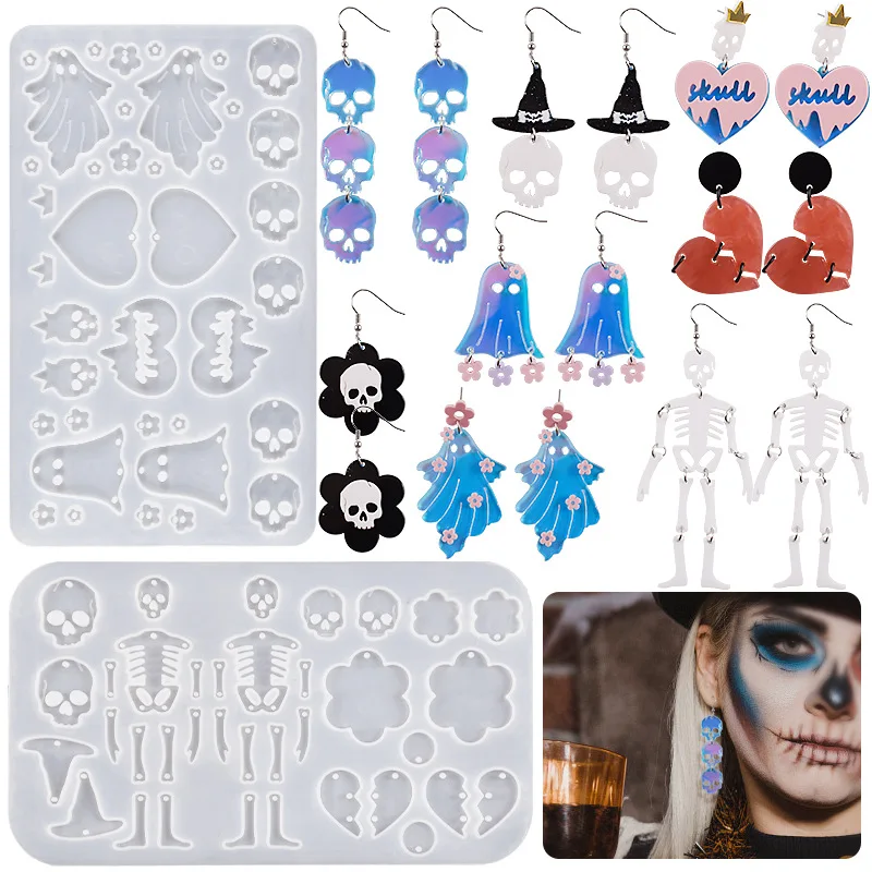 Halloween Silicone Mold Ear Hook DIY Crystal Resin Pendant Earring Set - Skull Ghost Human Pumpkin Charms for Jewelry Making