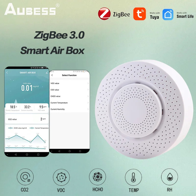 Tuya Zigbee-Moniteur de capteur de qualité de la boîte à air intelligente, compteur de CO2, dioxyde de carbone, formaldéhyde, capteur de température et d'humidité COV