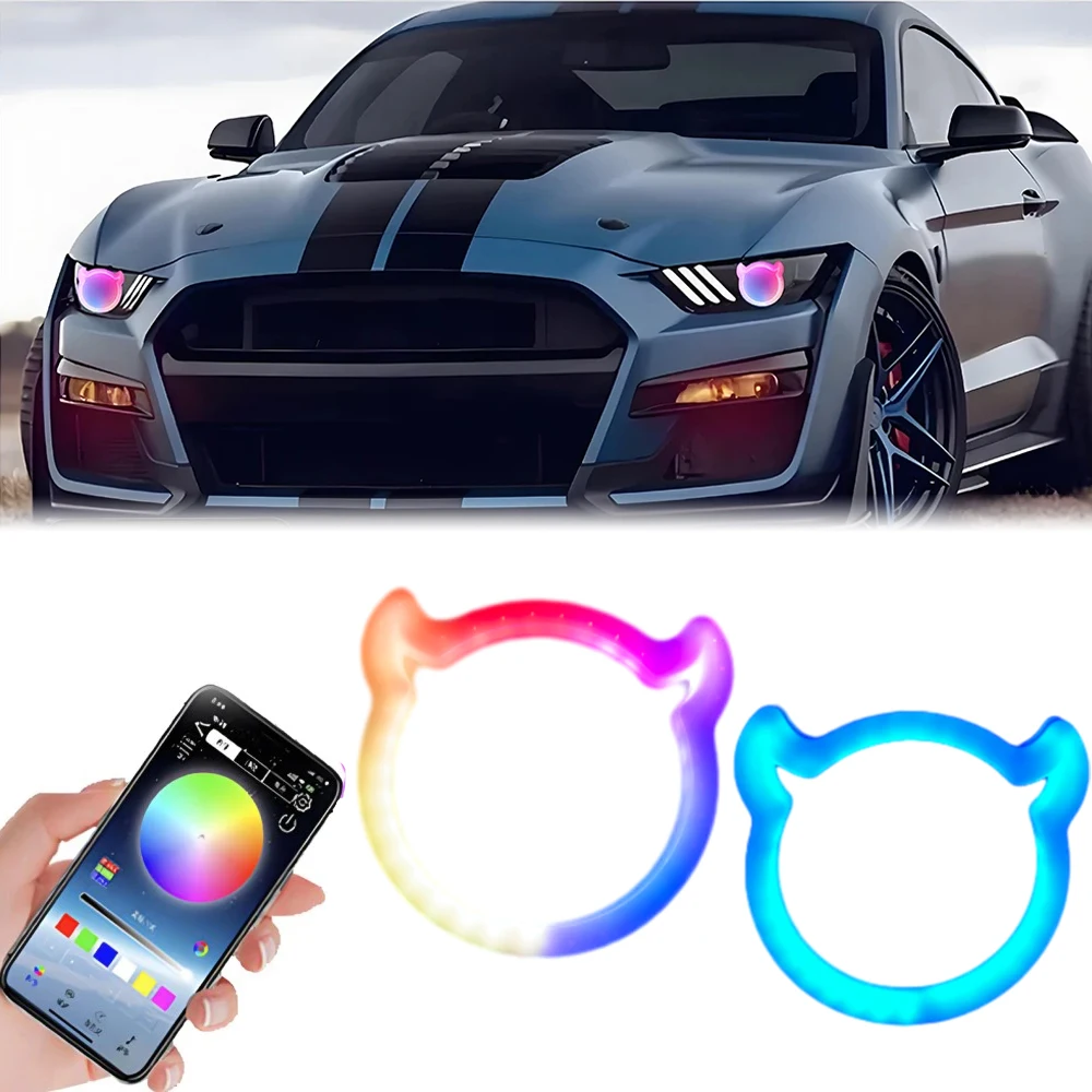 New Car RGB LED Dynamic Angel Eye Ring Amber Turn Signal Light Application Bluetooth Headlight DRL 12V.