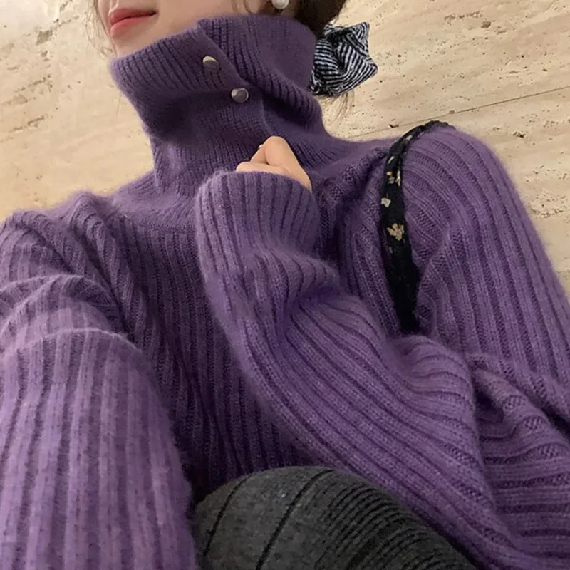 Women's 2026 Korean Purple Elegant Solid Collar Slouchy Soft Knit Sweater Cashmere Warm Chic Coquette Trendy Vintage  Jumper