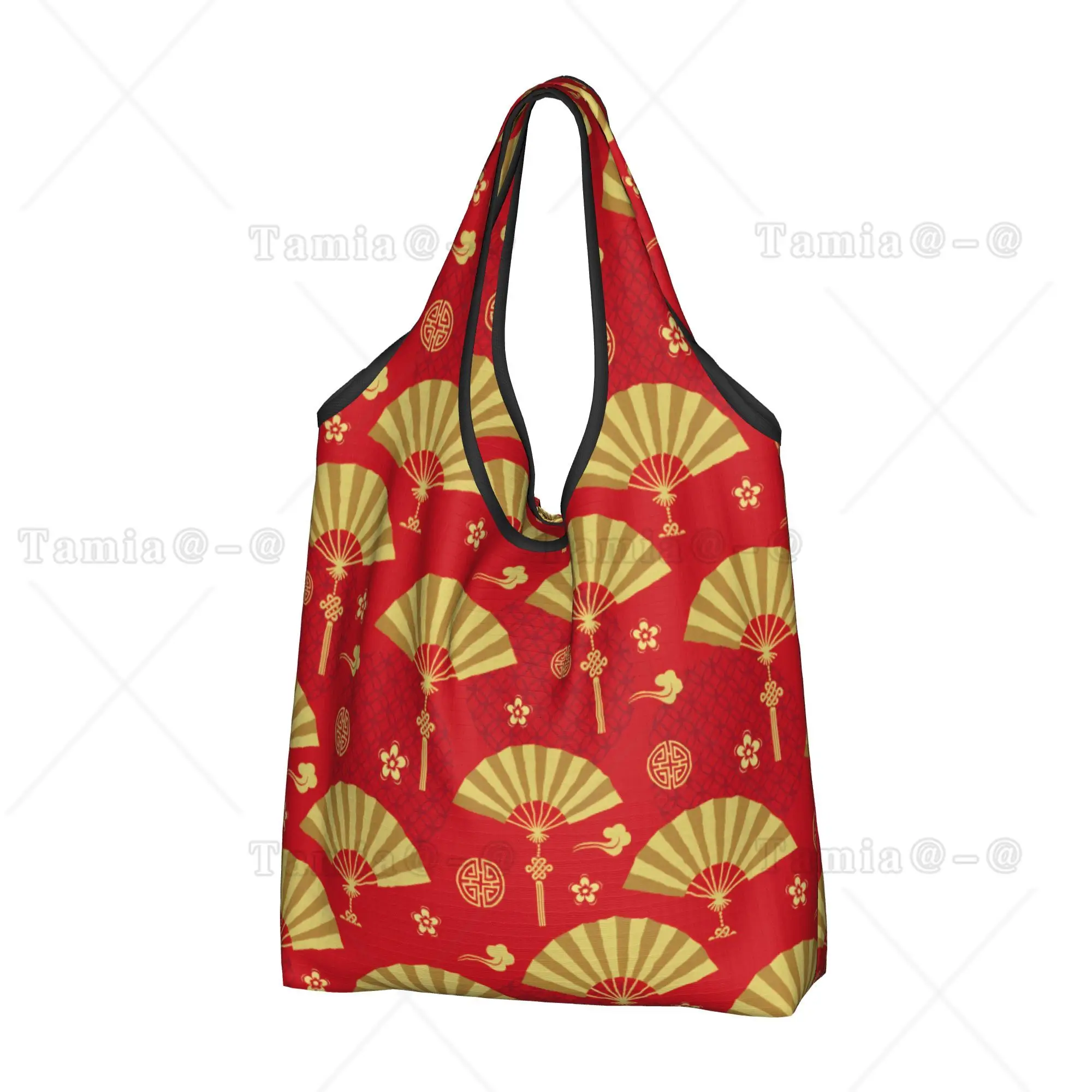 Japanese Style Folding Fan Auspicious Cloud Groceries Shopping Bags Funny Shopper Tote Shoulder Bag Tassel Plum Blossom Handbag