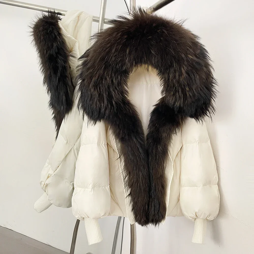 OFTBUY Neuer Wintermantel für Damen, Vollumhüllter Oversize-Mantel mit Echtfuchspelzkragen, Gestrickten Manschetten, Puffärmeln, Kurzer Daunenpuffermantel – Detail 21