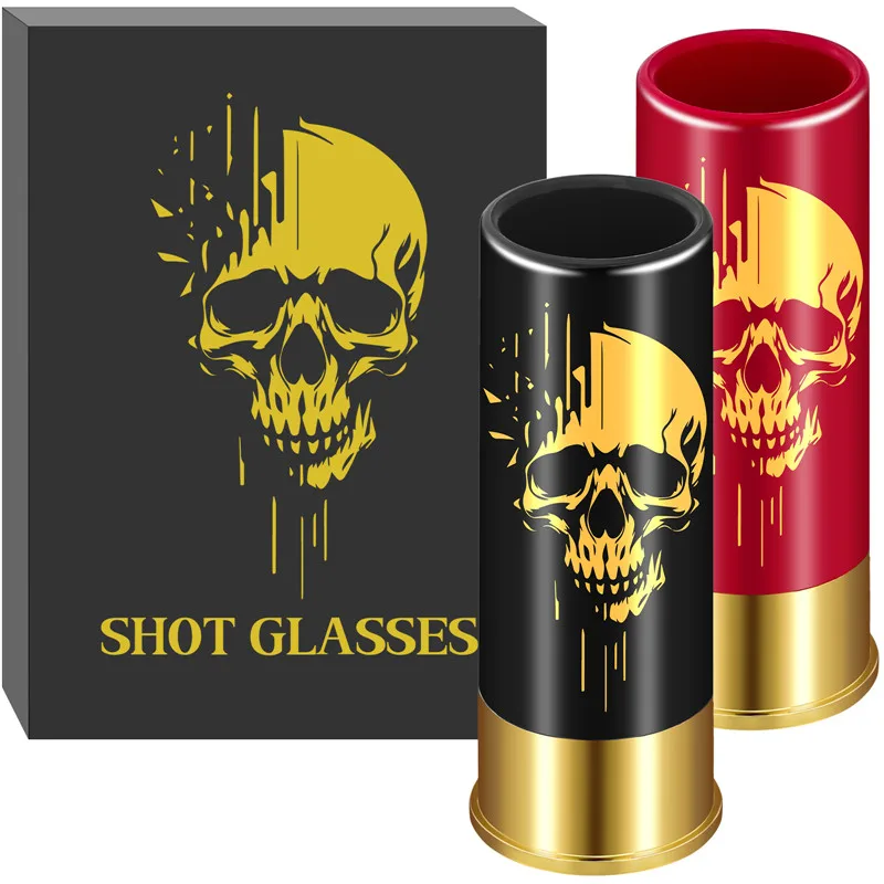 

1 Set Black/Red Skull Pattern Plastic Shot Glasses 45ml/1.5oz 12GA Small Bullet Shot Cups for Wedding Celebration Halloween Gift