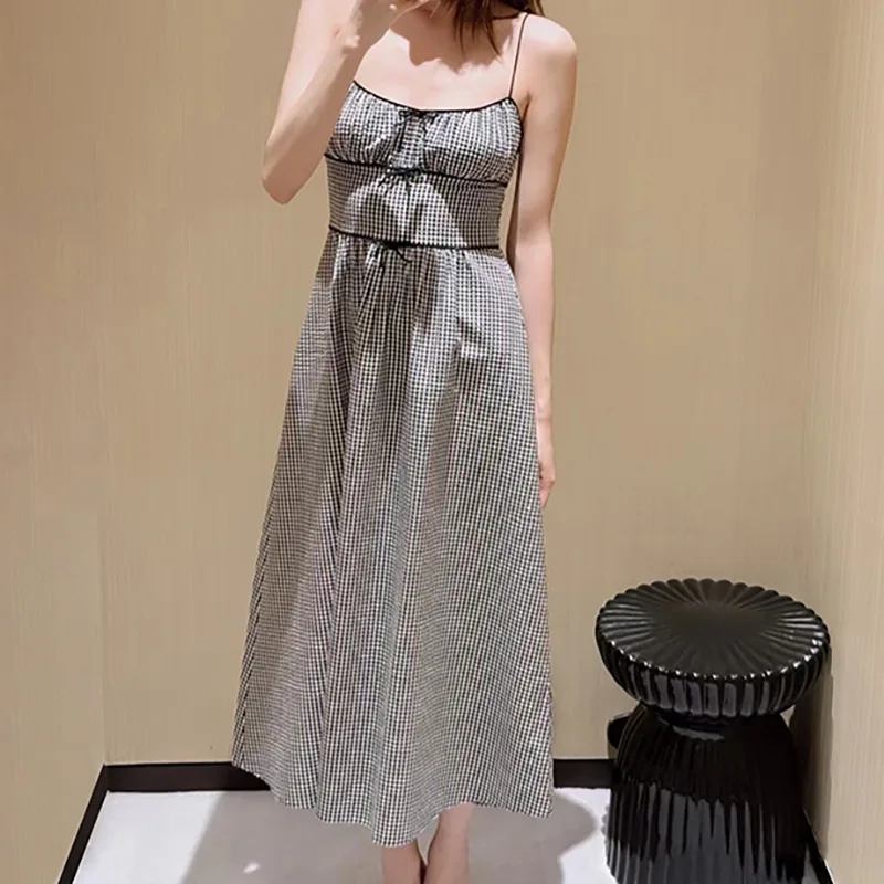 

Новое женское клетчатое платье на подтяжках 2025 года, тонкое вечернее платье на тонких бретельках с высокой талией, вечернее платье миди